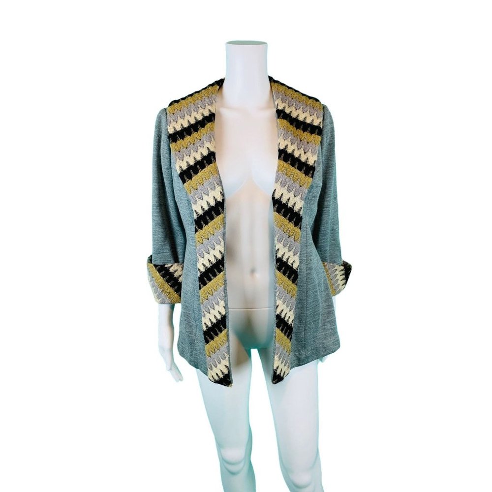 Vintage Open Jacket Women's Large Crochet Gray Wide Lapel Belted Blazer